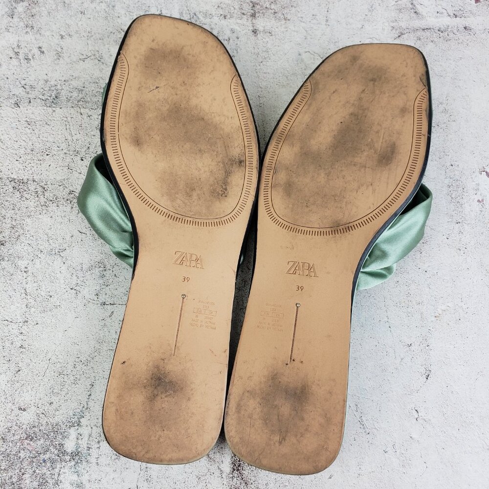 ZARA Knotted Flat Sandals Satin Flip Flops Green Bow Slippers size 39 US 8.5 - Picture 10 of 12